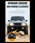 Front view of Upgraded One Eighteenth Scale RC Crawler Chassis Frame For AX-8560 TRX4 M Bronco Defender on rocky terrain
