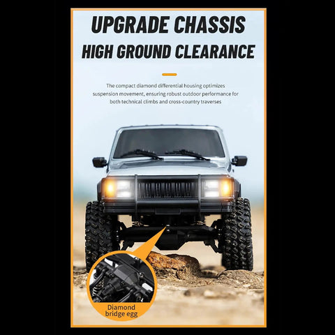 Front view of Upgraded One Eighteenth Scale RC Crawler Chassis Frame For AX-8560 TRX4 M Bronco Defender on rocky terrain