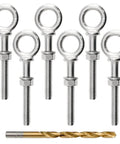 Six Pack 1/4 Inch By 3 Inch Stainless Steel Eyebolts With Nuts And Washers Plus Drill Bit Included For Quick Rugged Lifting And Easy Rigging Built Tough With T316 Shoulder Ring