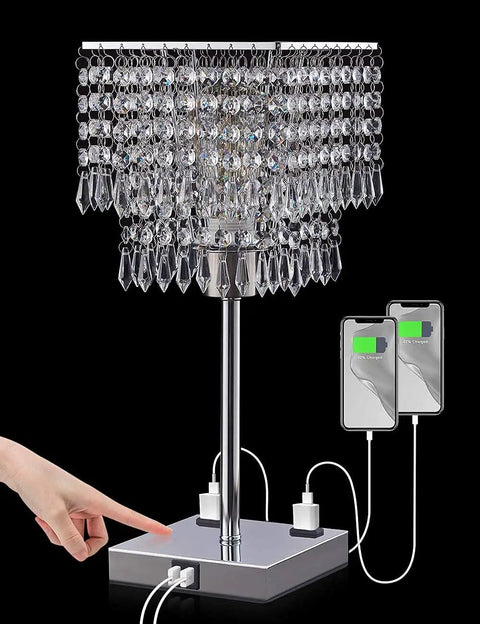 Dope Crystal Bedside Lamp With Dimmable Square Touch Control USB Ports And Dual Outlets Compact Nightstand Light for bedrooms