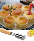 Crisp Flower Tip Cupcake Corer With Heavy Duty Plunger Handle For Carving Perfect Centers In Muffins And Cake Rounds shown with cupcakes and filling.