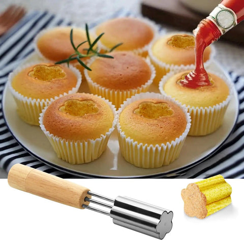 Crisp Flower Tip Cupcake Corer With Heavy Duty Plunger Handle For Carving Perfect Centers In Muffins And Cake Rounds shown with cupcakes and filling.