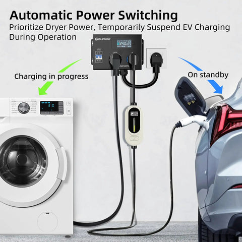Smart 240V EV And Dryer Splitter With Auto Power Switch For Dryer Outlet Share pictured connecting washer and EV charger