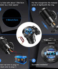 Upgrade Your Daily Whip With This Four Port 12V USB Car Charger Featuring Bright LED Voltmeter And Dual PD30W QC18W Fast Charging Ports Crafted From Rugged Aluminum Alloy For Every Cruiser Setup installation steps with charger design, LED display, and wiring details.