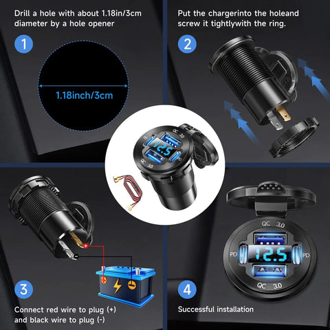 Upgrade Your Daily Whip With This Four Port 12V USB Car Charger Featuring Bright LED Voltmeter And Dual PD30W QC18W Fast Charging Ports Crafted From Rugged Aluminum Alloy For Every Cruiser Setup installation steps with charger design, LED display, and wiring details.