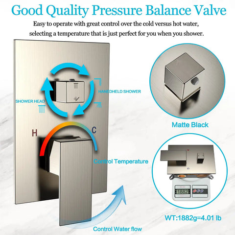 Wall Mounted 10 Inch Rain Shower System with Overhead Showerhead, valve display, brushed nickel finish
