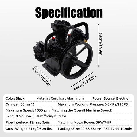Heavy Duty 4 To 5 Horsepower Replacement Air Compressor Pump Head. Features A Rock Solid 3 Cylinder Cast Iron And Aluminum Build For Superior Durability And Long Lasting Performance. Perfect Upgrade For Light Industry Textile Machinery And Food