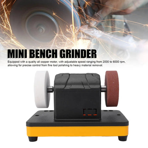 Fafeicy Mini Bench Grinder 3 Inch, Cordless With Variable Speed Control, showcasing dual grinding wheels and copper motor.
