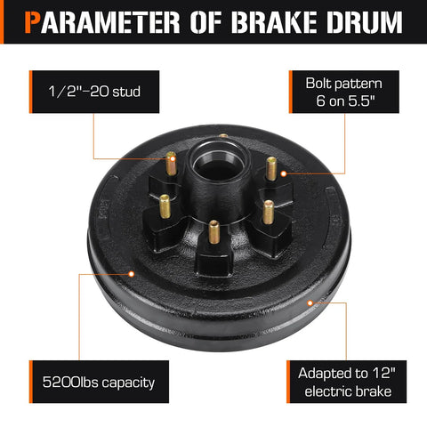 Front view of Amazon brake drum kit, 6 on 5.5-inch bolt circle with 12x2-inch electric brake, 5200-lb capacity