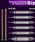 9 Piece Damaged Screw Extractor Set With HSS 6542 For Stripped Screws showing screw extractors and drill bits with sizes