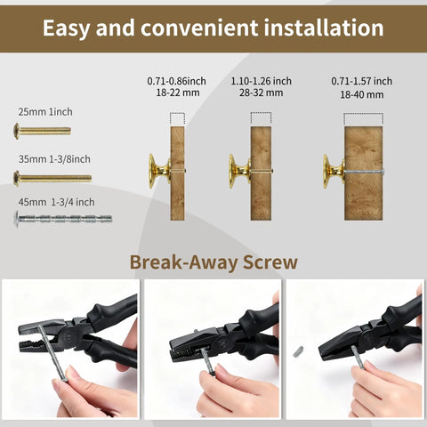 Installation guide for 4 Pack Solid Brass Gold Sunburst Cabinet Knobs showing screw lengths and adjustment details.