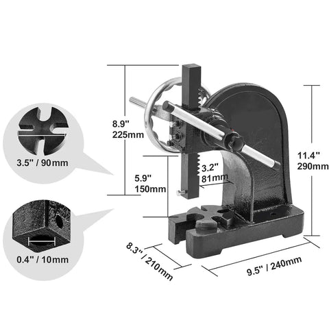Three Ton Arbor Press With Smooth Handwheel Adjustment And Heavy Duty Steel Frame For Precision Stamping And Leather Craft Bang Out Daily Shop Tasks Rock Solid Benchtop Force Tool dimensions and structure.