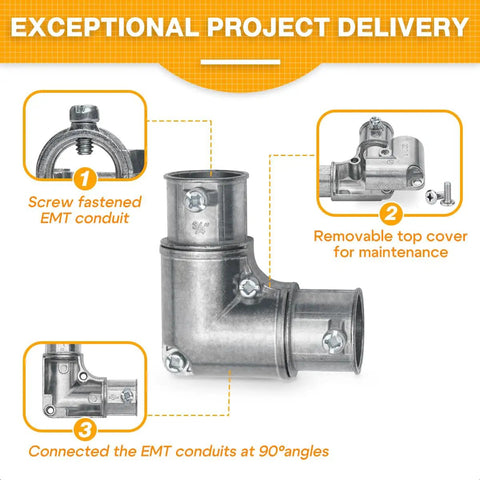 Top Shelf 3/4 Inch EMT Fittings For Zero Stress Job Site Layout Includes Five 90 Degree Inside Corner Pulling Elbows with screw fastened joints