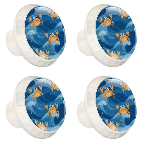 4 Pack Blue Sea Wave Crab Cabinet Knobs 35mm, Snazzy Yellow Crabs On Ocean Crystal Glass Surface with ABS Base