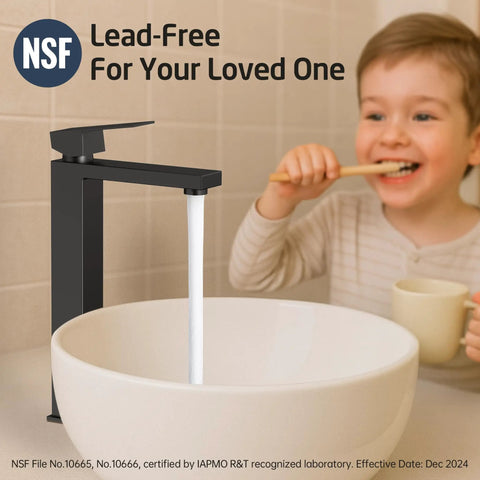 Dope Matte Black Tall Vessel Sink Faucet For Single Hole Bathroom Setup Stainless Steel Lead Free NSF and CUPC Certified
