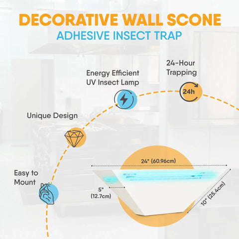 Infographic of Lowkey White Wall Sconce Fly Light Trap with shatterproof UV lamp showing dimensions and features for home use.