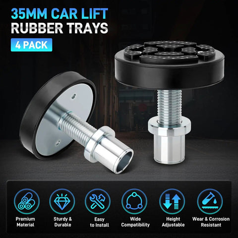 Heavy Duty 4 Pack Two Post Car Lift Pads Compatible With 35mm Shaft Screw Up Adjustable Lift Arm Grips Lock Down Tight Shop Grade Rock Solid Garage for vehicle safety.