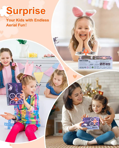 Kids playing with Colorful RGB Lights Mini Indoor RC Drone Quadcopter For Kids With 360 Flip Altitude Hold in a living room.