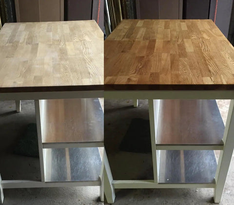 Comparison of untreated and treated tabletop using Deep Penetrating Food Grade Butcher Block Conditioner For Hardwood And Bamboo Surfaces That Revitalizes Wood For Real And Keeps It From Drying And Cracking Ideal For Wooden Bowls Spoons And More One Gallon