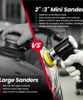 Comparison between mini and large sanders, highlighting Mini Orbital Air Sander Kit For Two Inch And Three Inch Sanding.