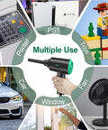 Electric Air Duster Blower With Two Speed Settings And Four Brush Attachments For Electronics Cleaning Perfect For Computer Keyboard Laptop Camera And Other Devices shown with multiple uses like cleaning a fan, toys, printer, and more.