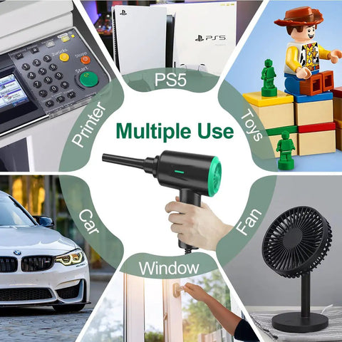 Electric Air Duster Blower With Two Speed Settings And Four Brush Attachments For Electronics Cleaning Perfect For Computer Keyboard Laptop Camera And Other Devices shown with multiple uses like cleaning a fan, toys, printer, and more.