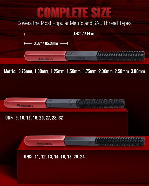 3 Piece Thread Restorer File Set For Thread Chaser Repair Of Metric SAE UNC Threads; file with sizes and measurements display