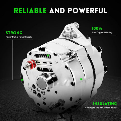 Chrome One Wire Beefed Up 105 Amp Self Exciting High Output 10SI Style For GM Chevy 350 305 Small Block SBC Street Rod Delco Compatible