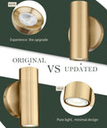 Comparison of original vs updated two pack brass gold wall sconces with up and down lighting for indoor use.