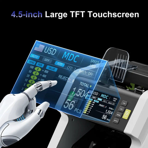 4.5-inch touchscreen display on Mixed Denomination Money Counter With Supports 120 Currency Programs And Touch Screen, Next Level Counterfeit Detection CIS UV MG IR DD HLF DBL CHN, Preloaded With 10 Currencies, Easy Software Upgrades, Perfect For Banks, Retail, And Cash Handling