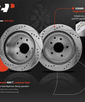 11.49 Inch Rear Drilled And Slotted Disc Brake Rotors And Ceramic Pads Kit For Nissan And Infiniti Models Stops Like A Boss G35 350Z Juke Leaf Rogue Select Sport And X Trail, showcasing the metal construction and heat resistance features.