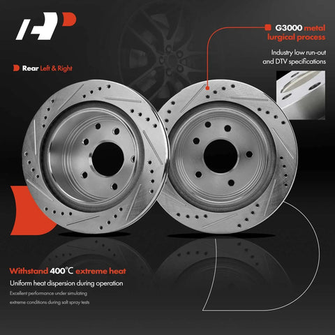 11.49 Inch Rear Drilled And Slotted Disc Brake Rotors And Ceramic Pads Kit For Nissan And Infiniti Models Stops Like A Boss G35 350Z Juke Leaf Rogue Select Sport And X Trail, showcasing the metal construction and heat resistance features.
