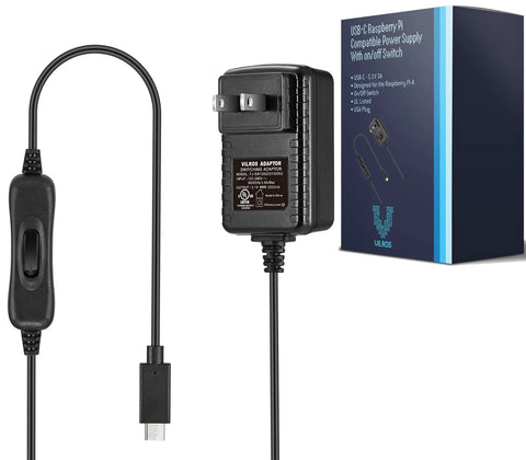 USB-C power supply with on/off switch for Raspberry Pi 4, 5V 3A power adapter, compatible accessories