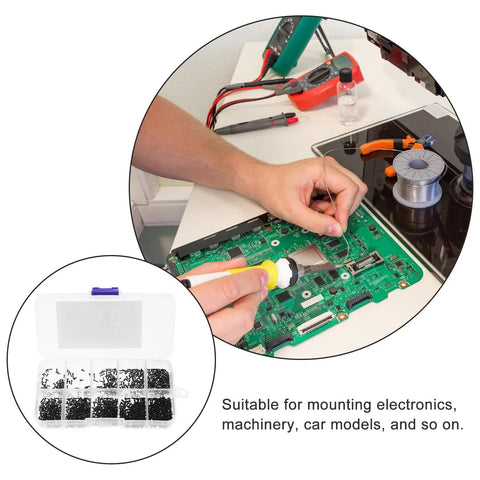 Technician using 1000Pcs Small Round Head Self Tapping Screws Kit With Washers In A Portable Carry Box For Precision Electronics Repair