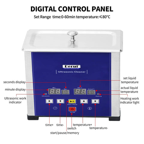 Ultrasonic Eyeglasses Cleaner With Large 1L Tank, 60W Power And 80C Heater, control panel display with time and temperature settings