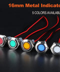 Two Pack 16mm Five Eighth Inch LED Indicator Light 110 to 220 VAC 20 mA Energy Saving Metal Waterproof IP67 Flat Head Pilot Lamp With 20 cm Wire For Car Truck Boat Green LED Industrial Grade 16mm metal indicator lights in five colors