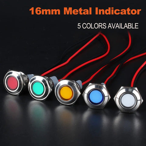 Two Pack 16mm Five Eighth Inch LED Indicator Light 110 to 220 VAC 20 mA Energy Saving Metal Waterproof IP67 Flat Head Pilot Lamp With 20 cm Wire For Car Truck Boat Green LED Industrial Grade 16mm metal indicator lights in five colors