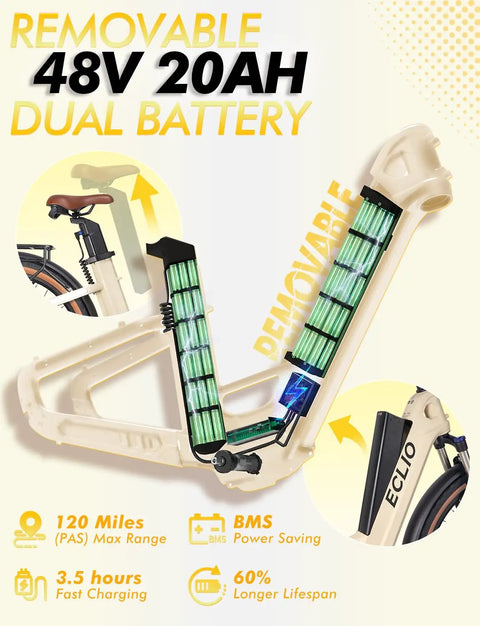 Adult Electric Bike With 1200W Peak Motor And 960Wh Dual Battery, showing removable 48V 20Ah batteries on frame diagram.