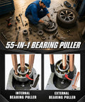 Mechanic using 55-In-1 Bearing Puller Set For Auto, Bike, And Industrial Repair with internal and external puller tools in workshop.