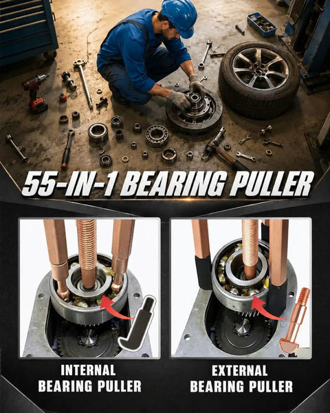 Mechanic using 55-In-1 Bearing Puller Set For Auto, Bike, And Industrial Repair with internal and external puller tools in workshop.
