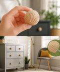 Chill Cozy Boho Rustic Jute Rope Cabinet Knobs Set For Dresser Drawers Nautical Style Wood Knob Pulls, held in hand