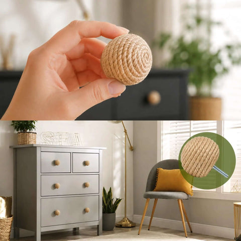 Chill Cozy Boho Rustic Jute Rope Cabinet Knobs Set For Dresser Drawers Nautical Style Wood Knob Pulls, held in hand