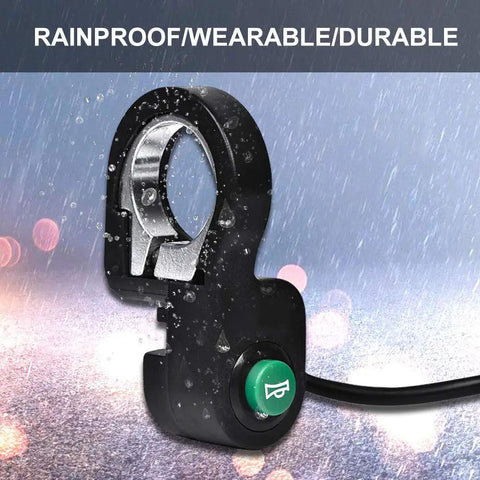23mm Mini Ebike Horn Switch With 5 Ft Cable Horn Button showcasing rainproof feature on electric bikes and scooters.