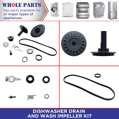 All In One Dishwasher Drain And Wash Impeller Kit 675806 Replacement Fits Kenmore KitchenAid Maytag Whirlpool Includes Wash Impeller Drain Impeller Chopper Seals Screw Base Seal Face Seal Install Guide Plug And Play components displayed