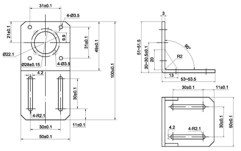 Front view of ST-M1 alloy steel mounting bracket for a NEMA 17 stepper motor with central bore and four mounting holes