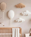 5 Piece Nursery Wall Decor Set With Fabric Cloud Balloons And Linen 3D Hot Air Balloons, Cute Baby Room Wall Art For Bedroom Or Baby Shower, Soft Durable Clouds For Whimsical Nursery Vibe displayed above crib.