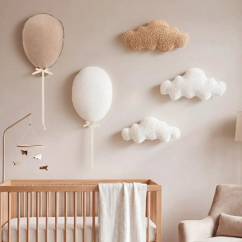 5 Piece Nursery Wall Decor Set With Fabric Cloud Balloons And Linen 3D Hot Air Balloons, Cute Baby Room Wall Art For Bedroom Or Baby Shower, Soft Durable Clouds For Whimsical Nursery Vibe displayed above crib.