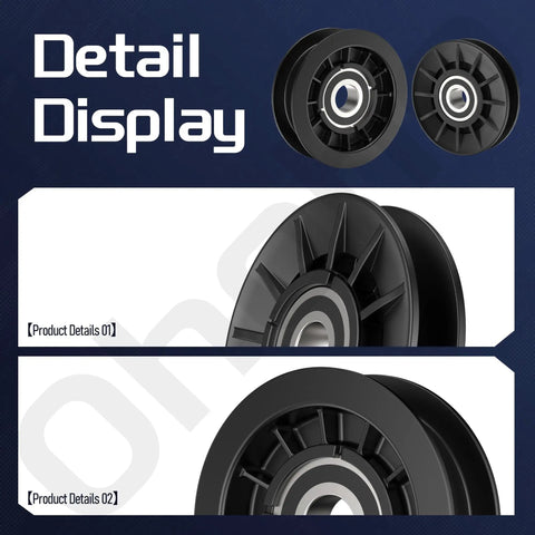 Detail of Beefed Up V Idler and Flat Pulley Drive Belt Kit for John Deere Lawn Tractors showing black plastic and metal components