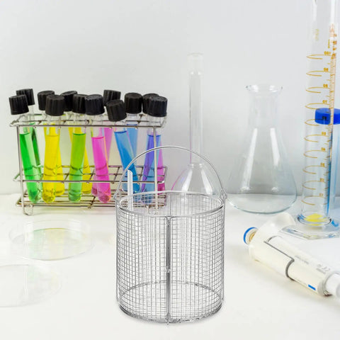 Shineofi Stainless Steel Cleaning Basket For Ultrasonic Machines on a lab table with colorful test tubes and glassware.