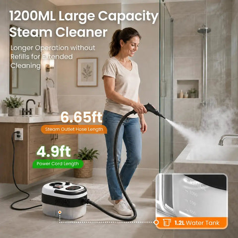 Kolerflo Handheld Steam Cleaner 2500W High Pressure Steamer For Floor Cleaning with 1200ml tank in bathroom.